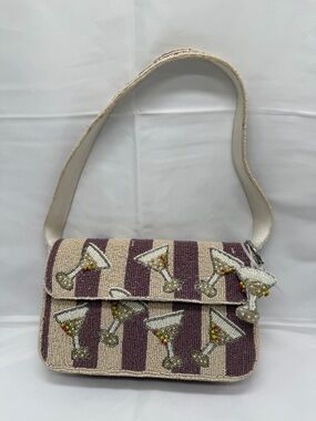 Beaded Martini Stripe Shoulder Bag - Cream & Purple